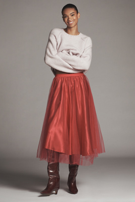 Maeve Crinkled Tulle Midi Skirt In Pink