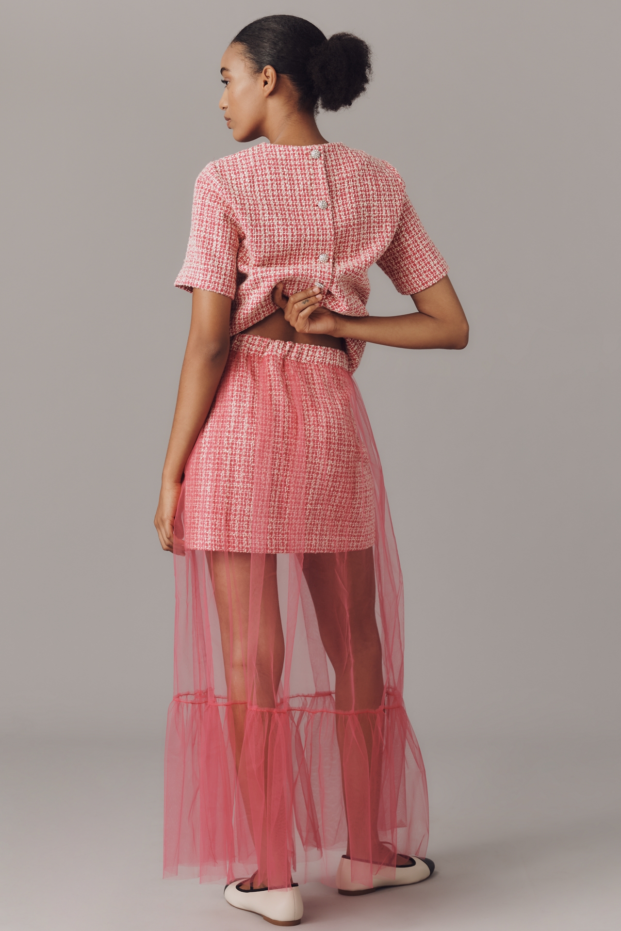 By Anthropologie Tulle Overlay Tweed Skirt