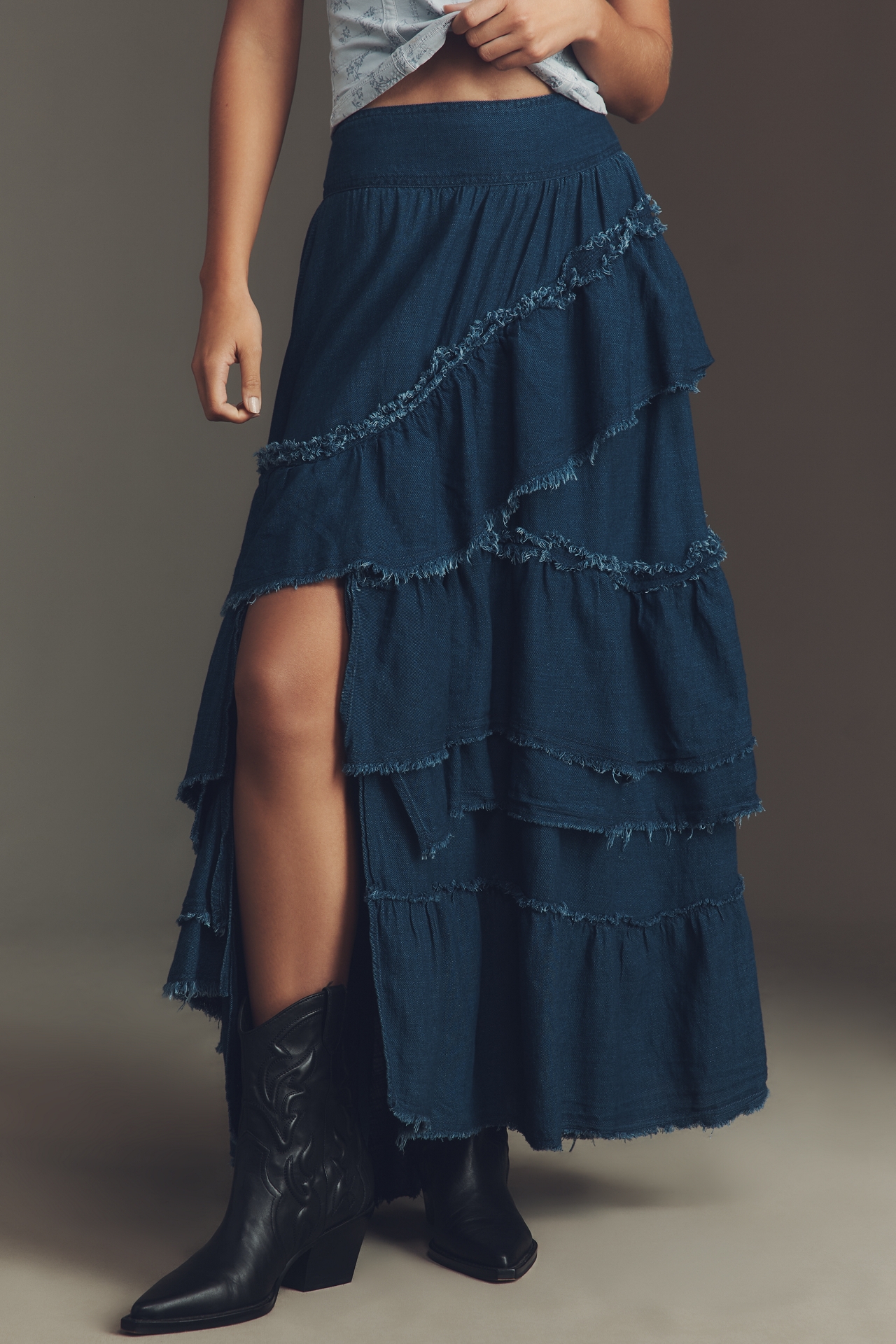 Pilcro Asymmetric Ruffled Tiered Maxi Skirt