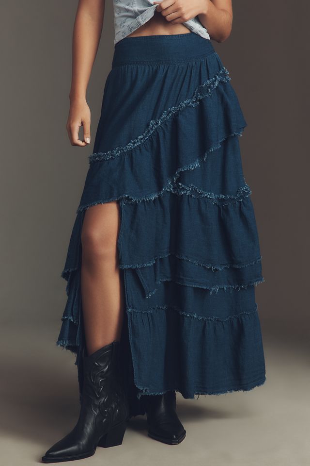 Pilcro Asymmetrical Ruffled Tiered Midi Skirt