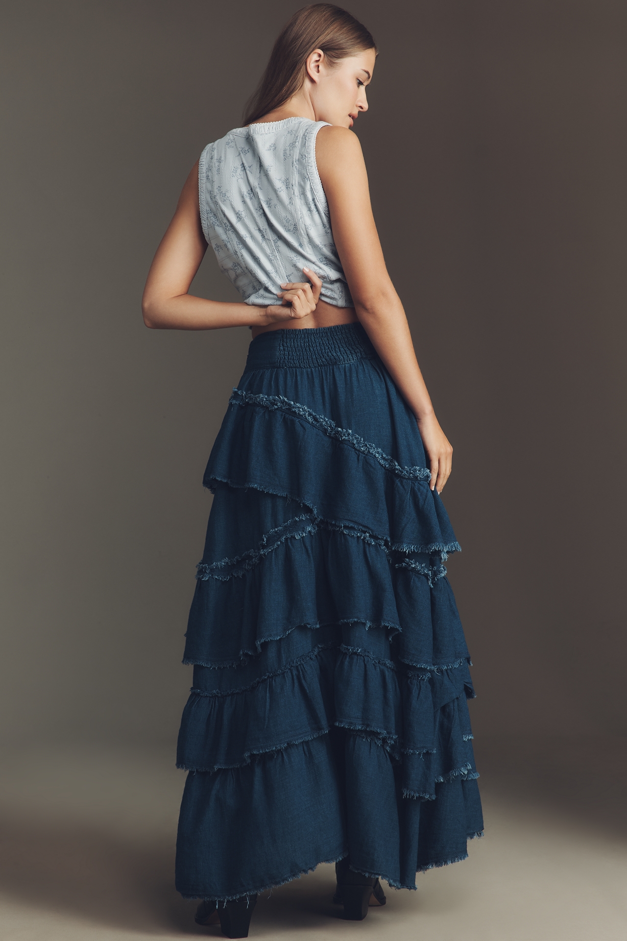 Pilcro Asymmetric Ruffled Tiered Maxi Skirt