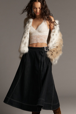 Side-Slit Denim A-Line Midi Skirt