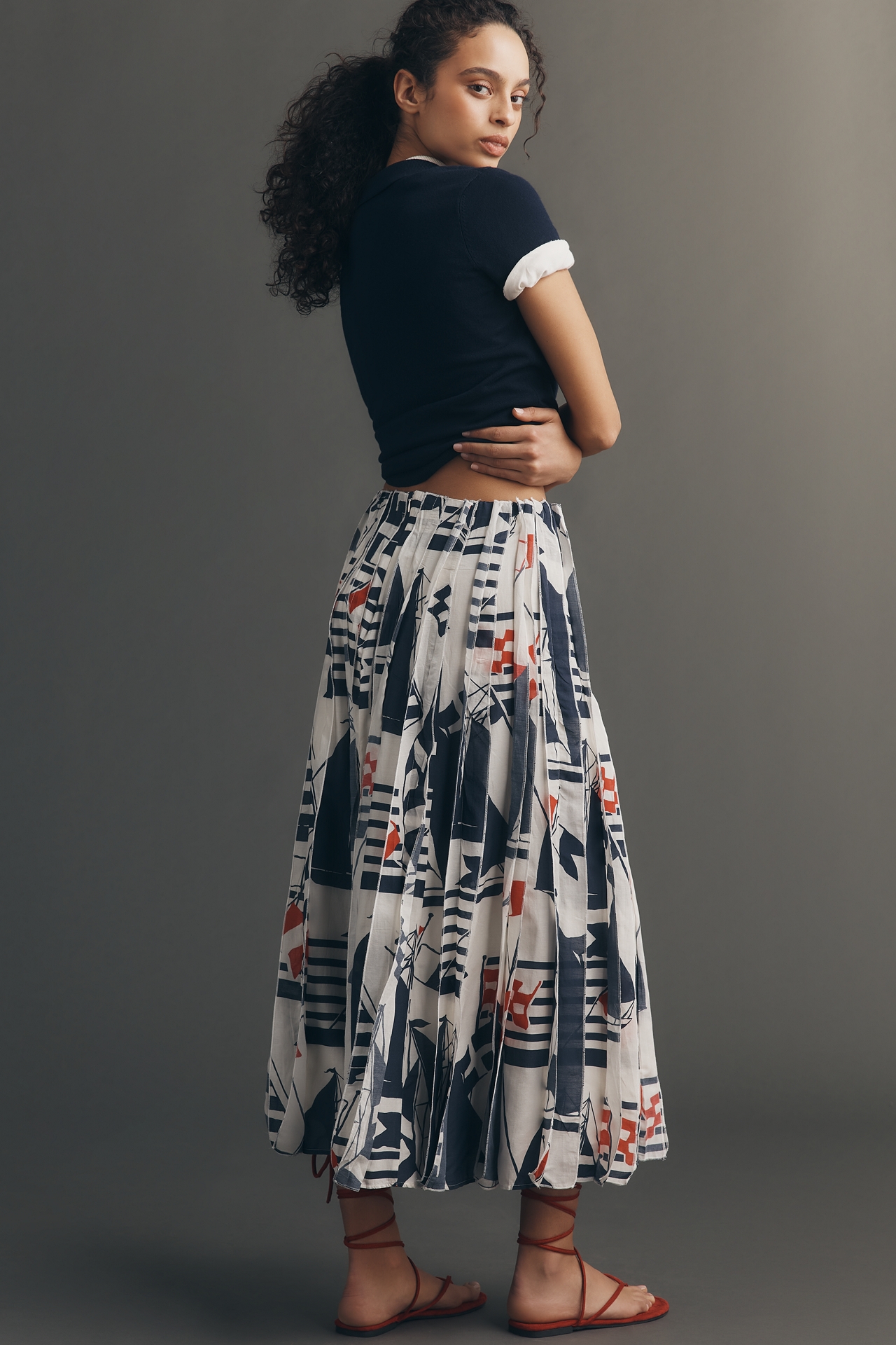 Maeve Graphic Tiger Piped Midi Skirt