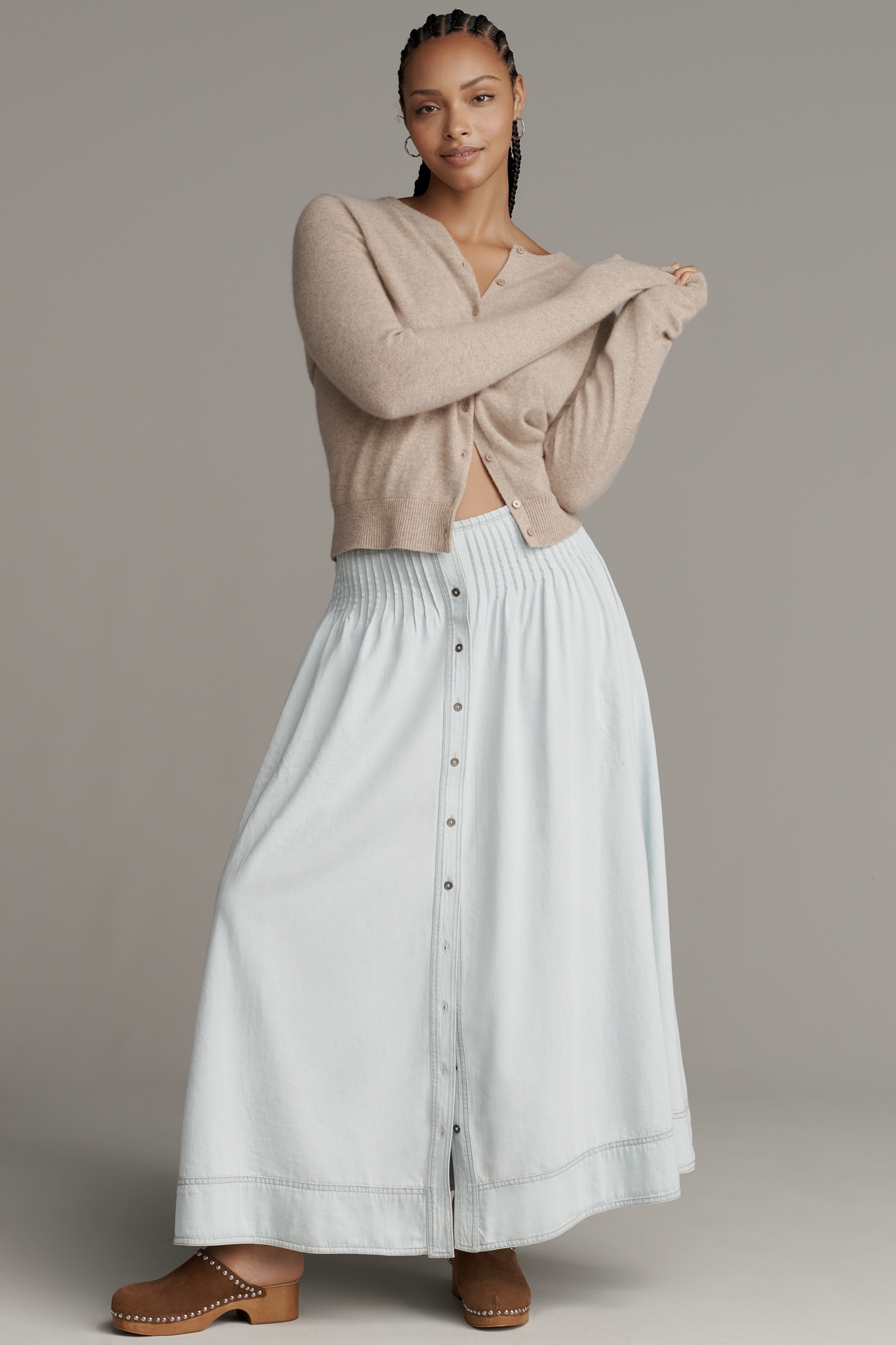 Pilcro Pintuck Basque-Waist Denim Maxi Skirt