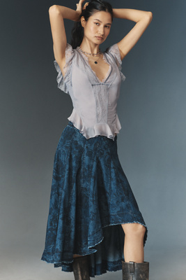 Pilcro Printed Denim Petticoat Midi Skirt In Blue