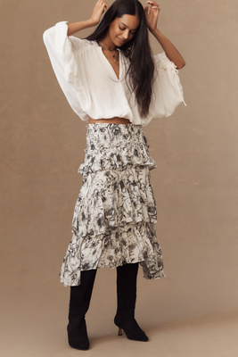 By Anthropologie Smocked Tiered Midi Skirt In Neutral