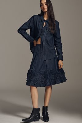 Pilcro Pleated Appliqué Denim Midi Skirt
