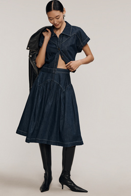 Maeve Yoked Denim Midi Skirt In Blue