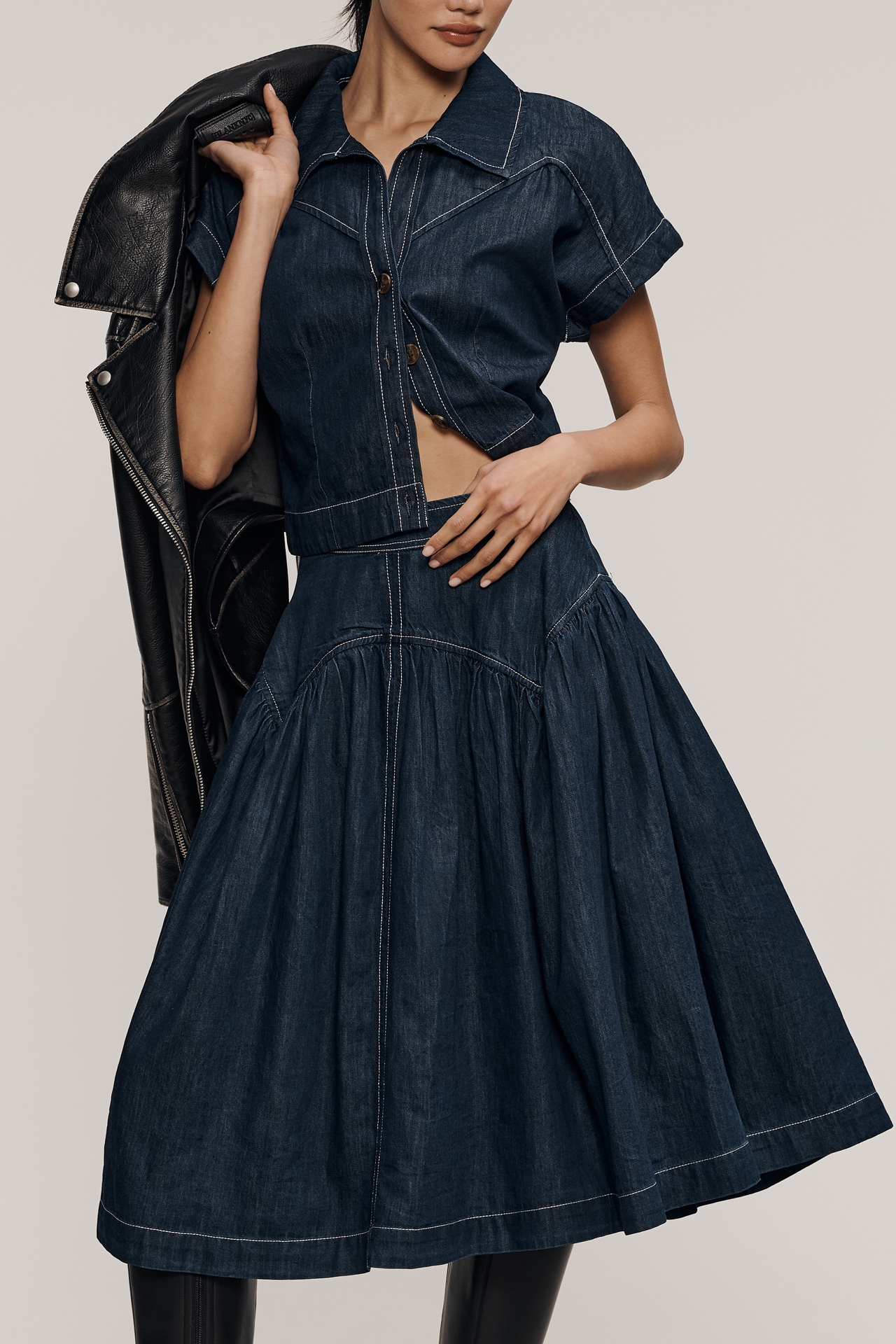 Maeve Yoked Denim Midi Skirt