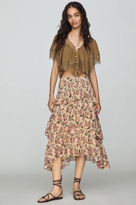 By Anthropologie Boho Smocked Tiered Midi Skirt