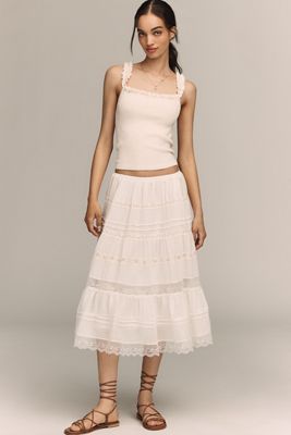 RAISONNEL 100% Cotton Tiered Lace Midi Skirt