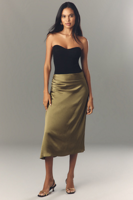 Theory Ruched Satin Midi Skirt In Green