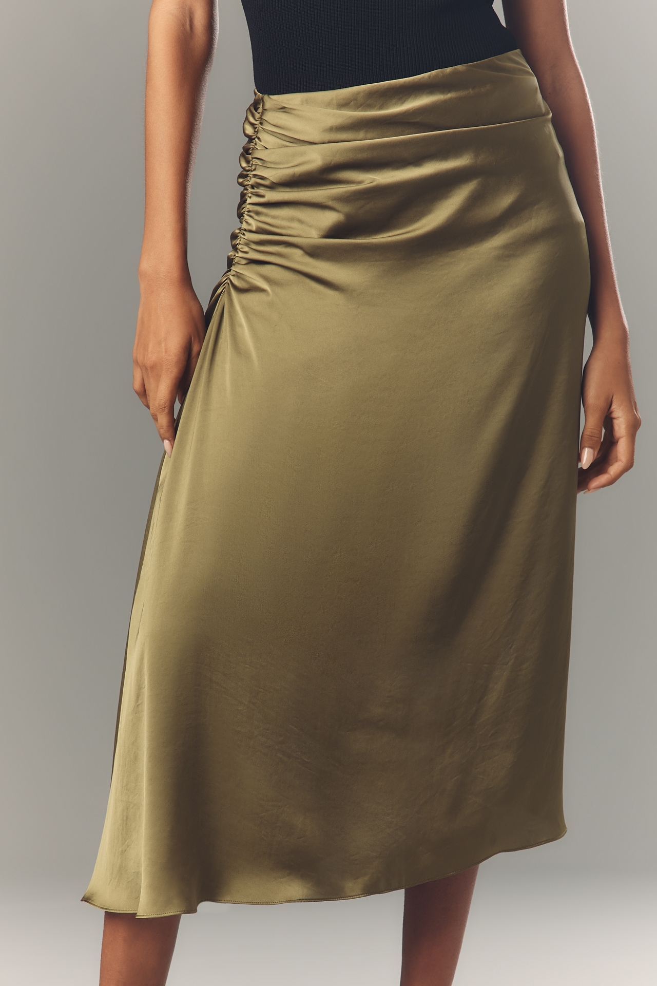 Theory Ruched Satin Midi Skirt