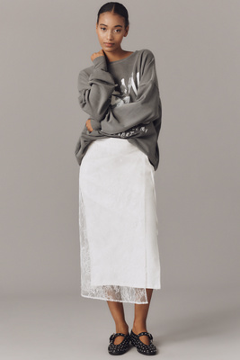 Layered Lace Slip Midi Skirt In White