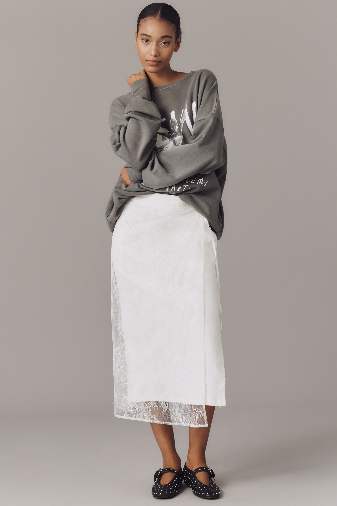 &.Layered Lace Slip Midi Skirt