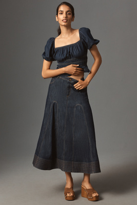Pilcro Denim Godet Maxi Skirt In Blue