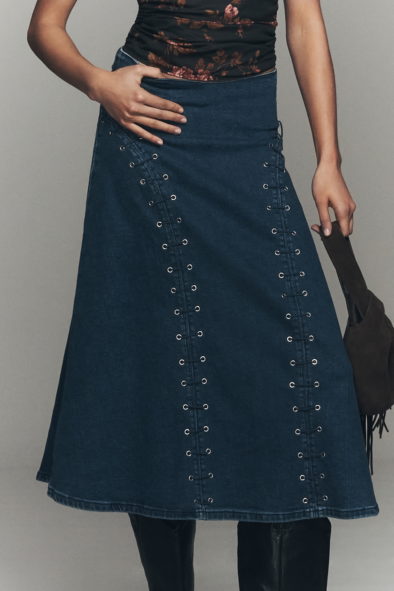 TT Studios Grommet Denim Midi Skirt