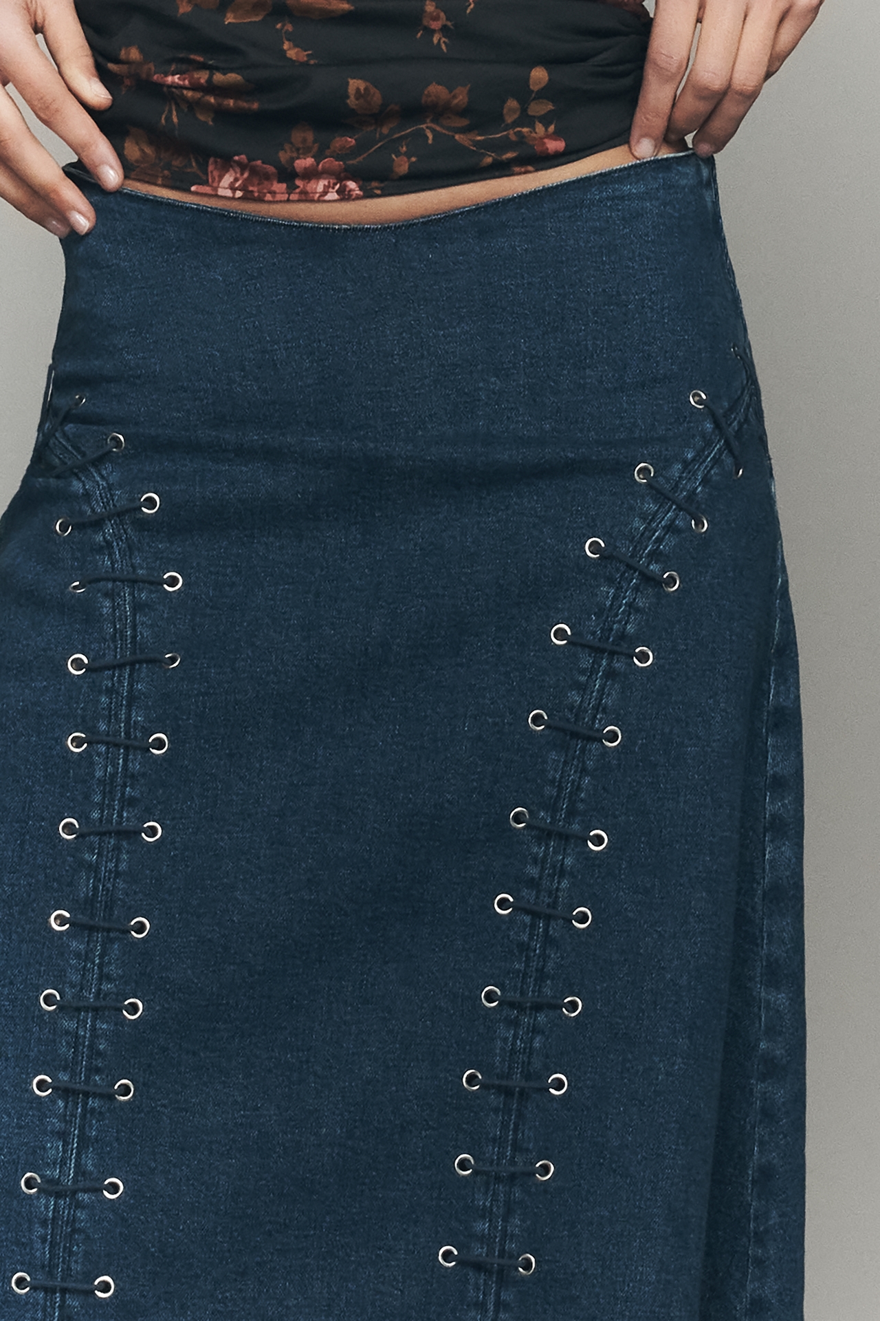 TT Studios Grommet Denim Midi Skirt