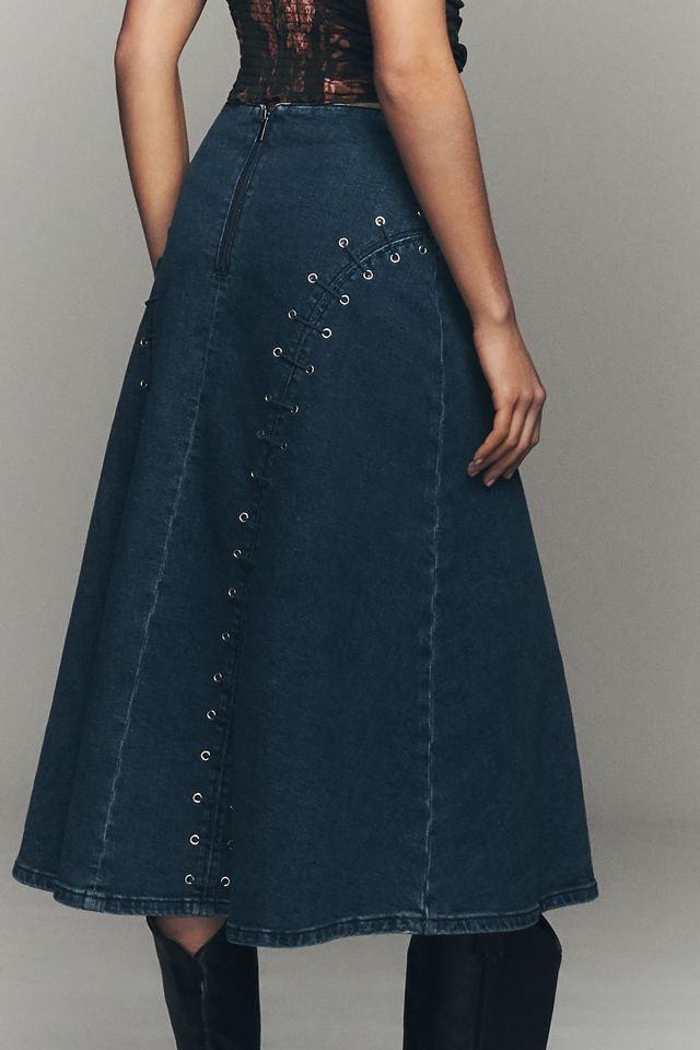 TT Studios Grommet Denim Midi Skirt | Anthropologie