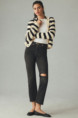 Levi's Wedgie High-rise Frayed Ripped Knee Crop Straight-leg Jeans In Black