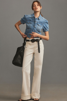 Shop Paige Sasha Cuffed High-rise Wide-leg Jeans In White