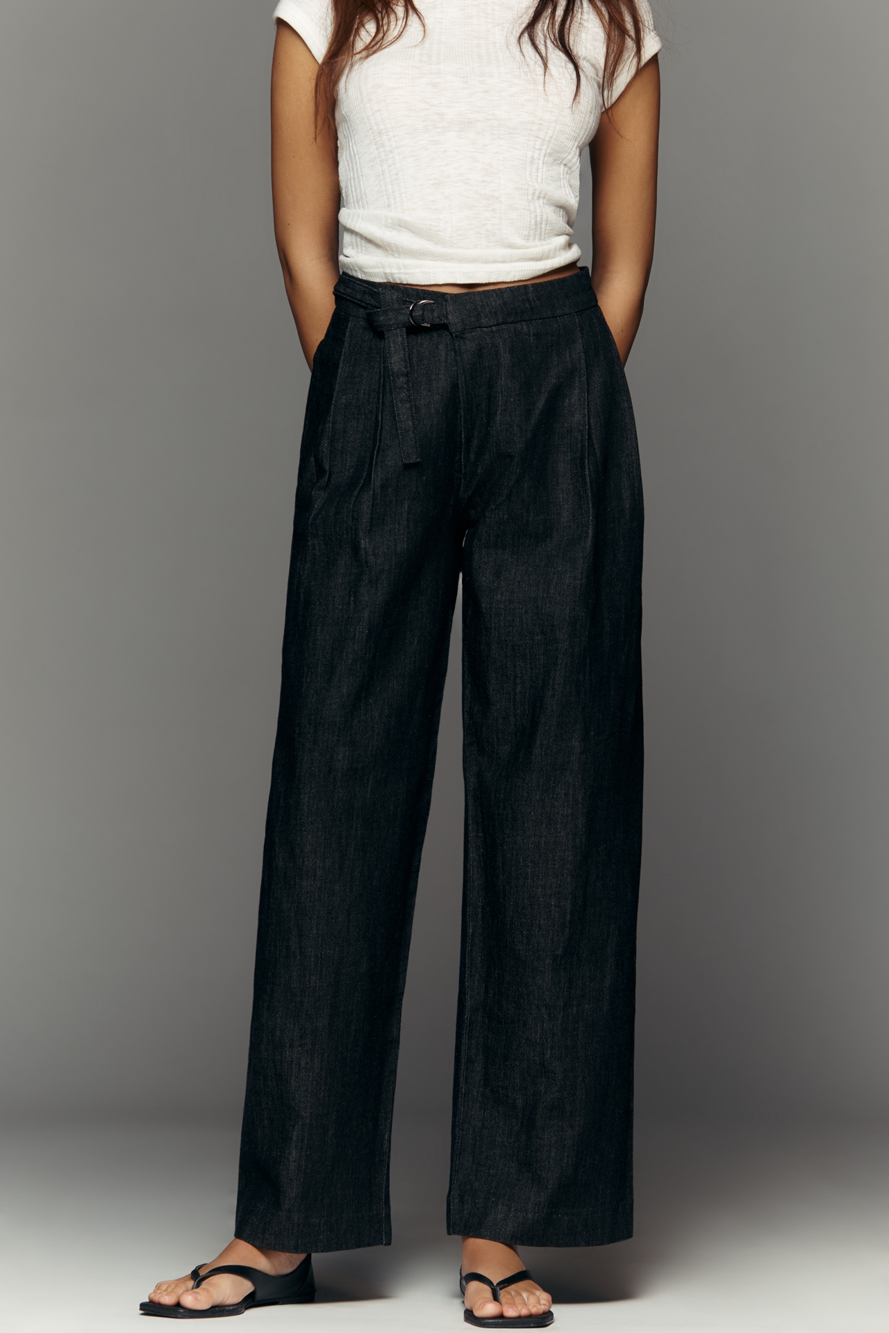 Maeve Belted Pleated High-Rise Wide-Leg Jeans