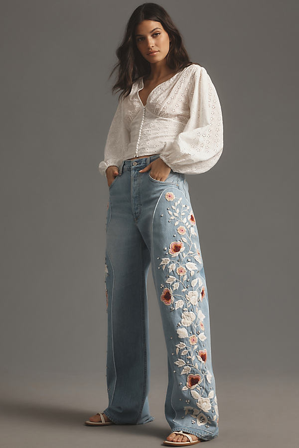 Citizens Of Humanity Ayla Embroidered Baggy High-rise Wide-leg Jeans In Blue