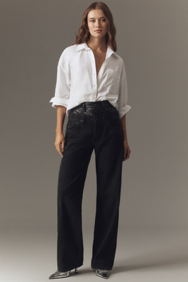 Agolde Elson Recycled Leather-blend Trimmed High-rise Wide-leg Jeans In Black