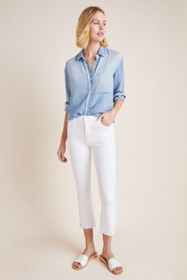 Mother The Tripped Distressed Bootcut Ankle Jeans In White