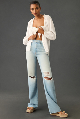 Mother The Maven High Rise Wide Leg Jeans In Ripped Off In Blue