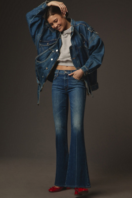 Mother Flared Denim Jeans With Frayed Stitching In Blue