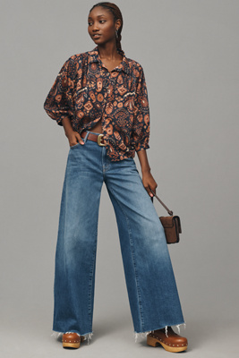 デニム・ジーパン MOTHER The Swisher Sneak Fray jeans MOTHER Swisher Sneak Fray Mid-Rise Wide-Leg Jeans