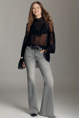 Mother The Doozy Fray High-rise Flare Jeans In Gray