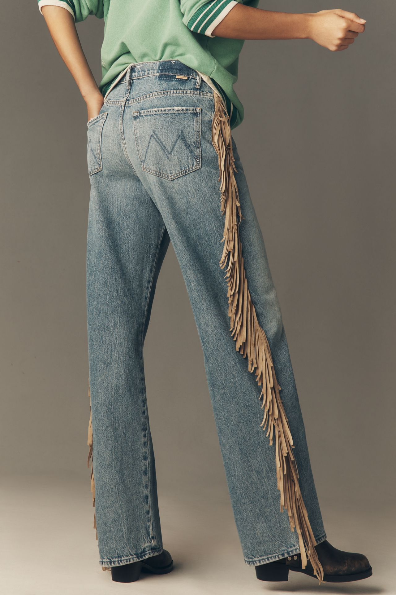MOTHER Fringe Half Pipe Button Sneak High-Rise Wide-Leg Jeans