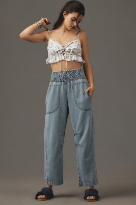 Pilcro High-rise Smocked Pull-on Barrel Jeans In Blue