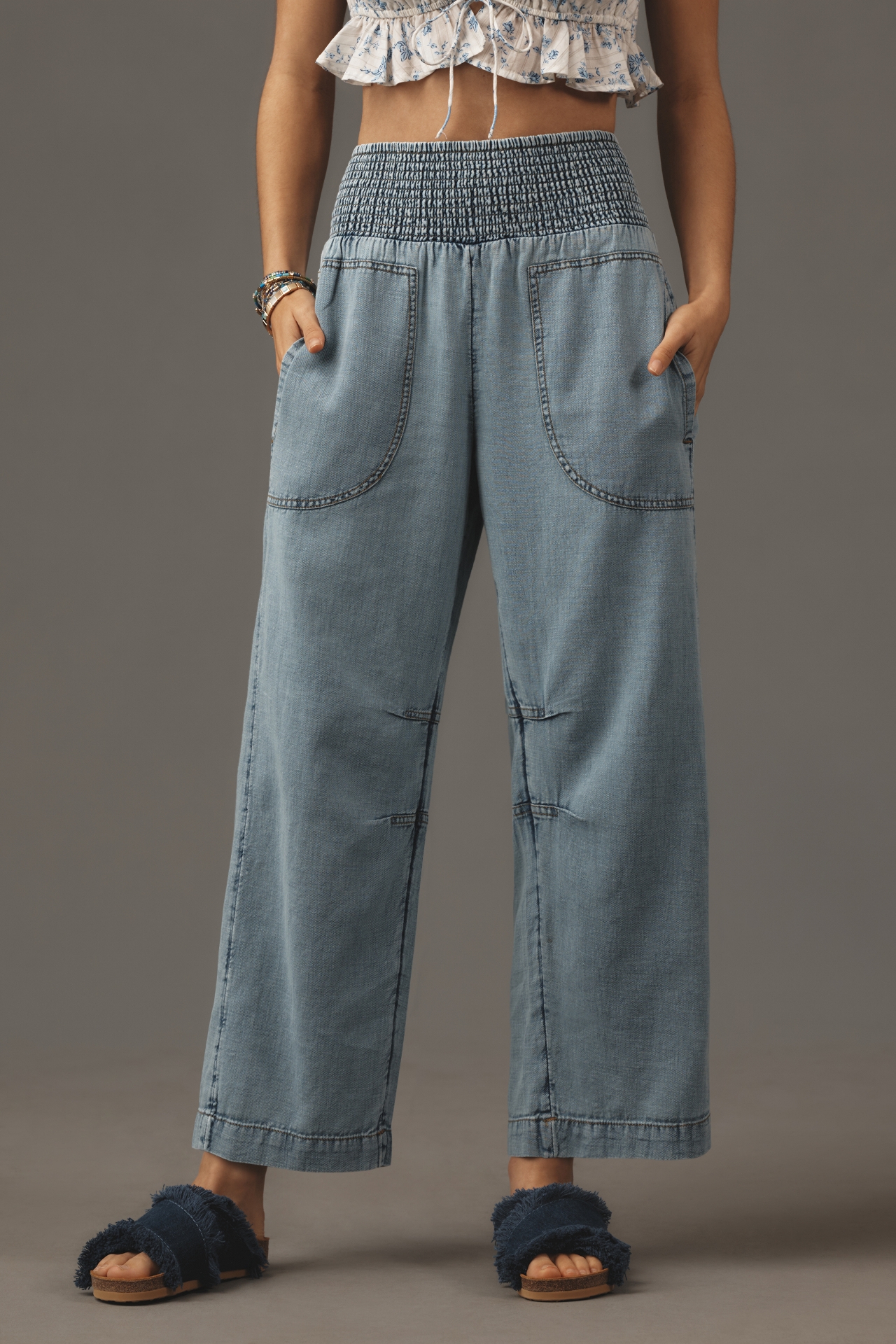 The Reese Smocked Denim Pull-On Barrel Pants