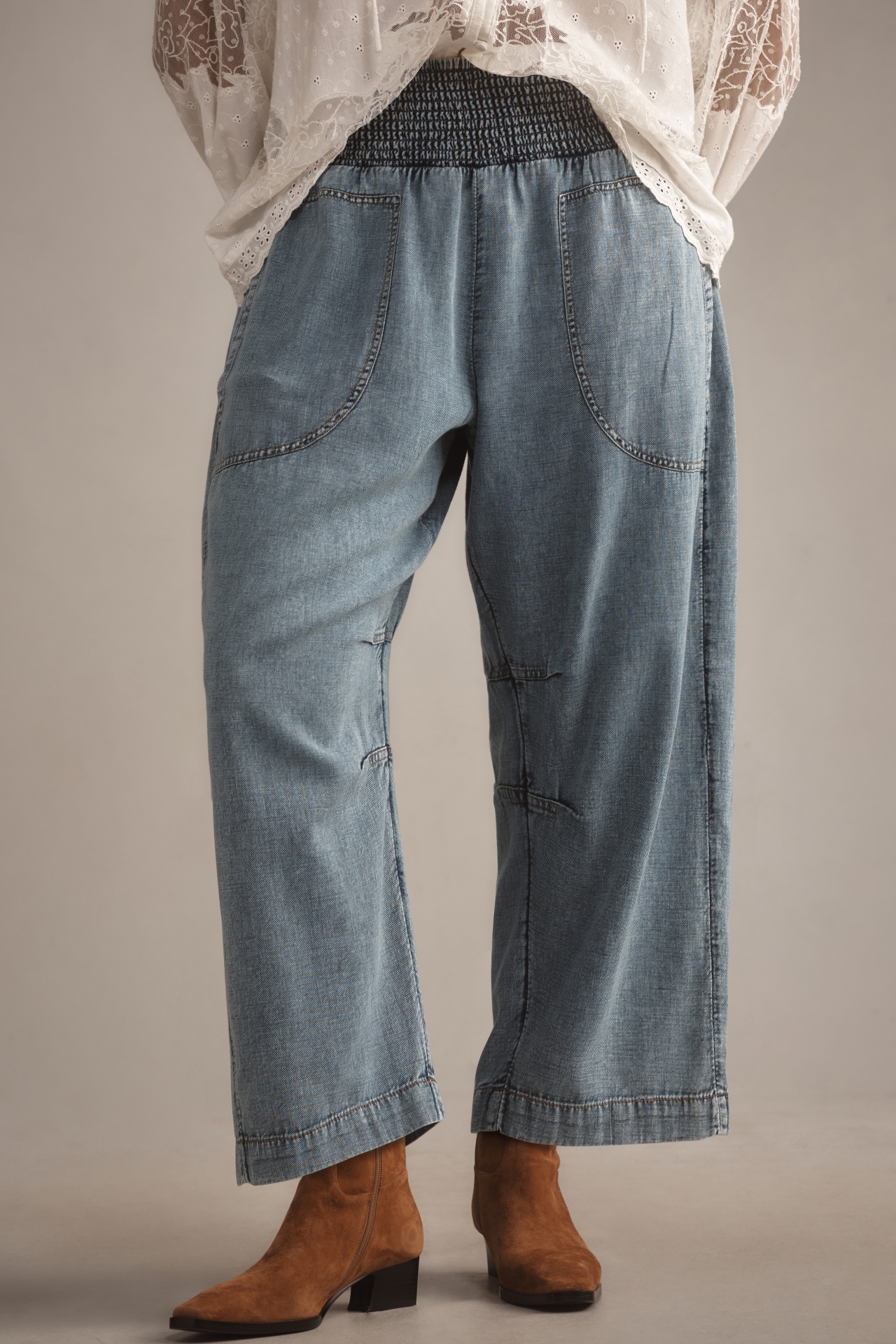 The Reese Smocked Pull-On Barrel Pants: Denim Edition