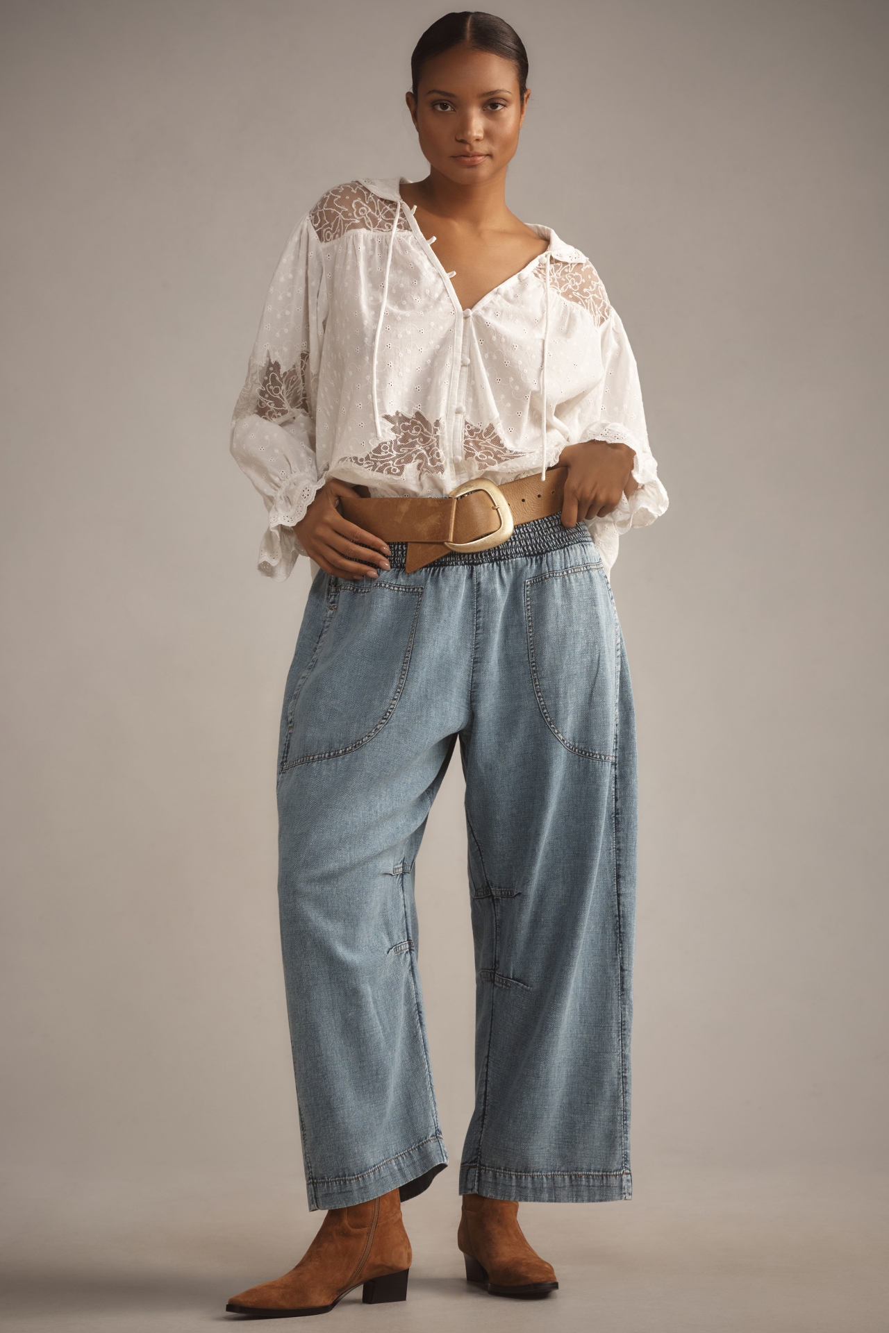 The Reese Smocked Pull-On Barrel Pants: Denim Edition