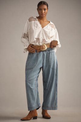 The Reese Smocked Denim Pull-On Barrel Pants