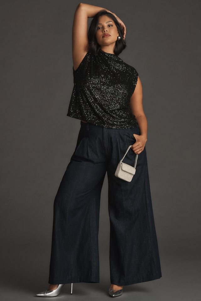 The Avery Pleated Wide-Leg Denim Trousers by Maeve #8