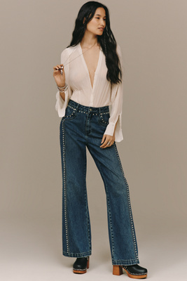 Avec Les Filles High-rise Studded Wide-leg Jeans In Blue