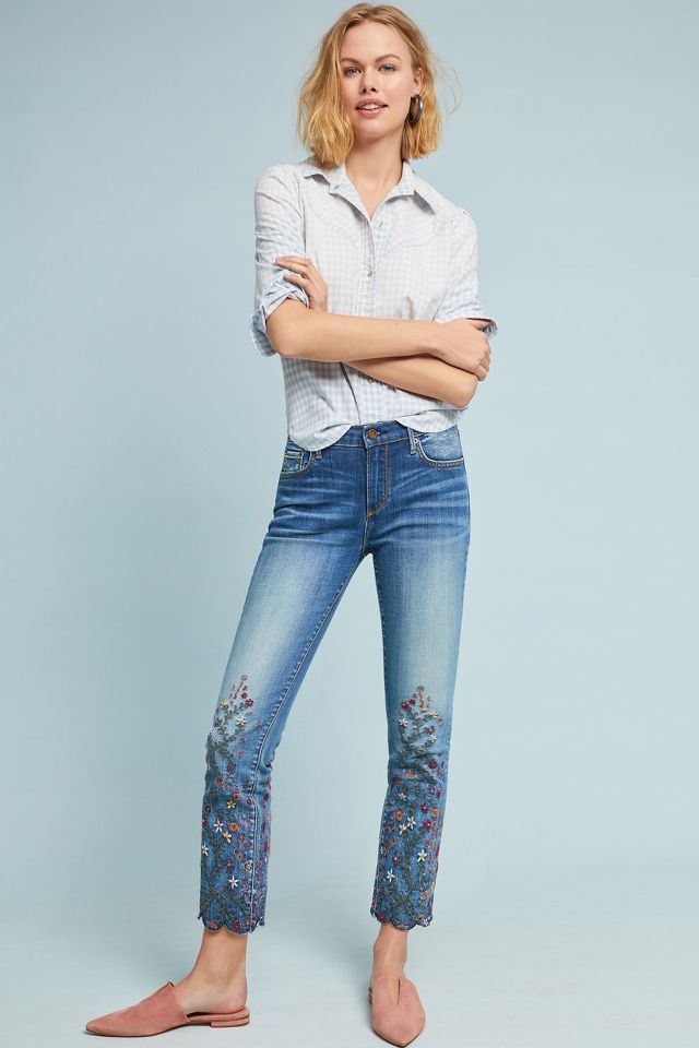 Floral Embroidered Slim Leg Ankle Jeans