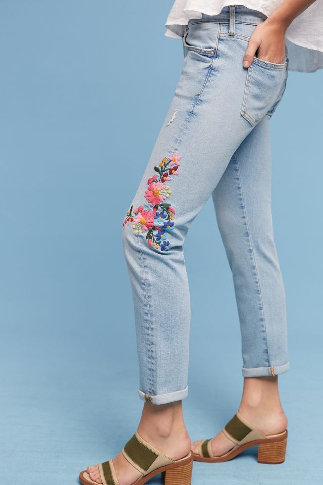 Floral Embroidered Slim Leg Ankle Jeans