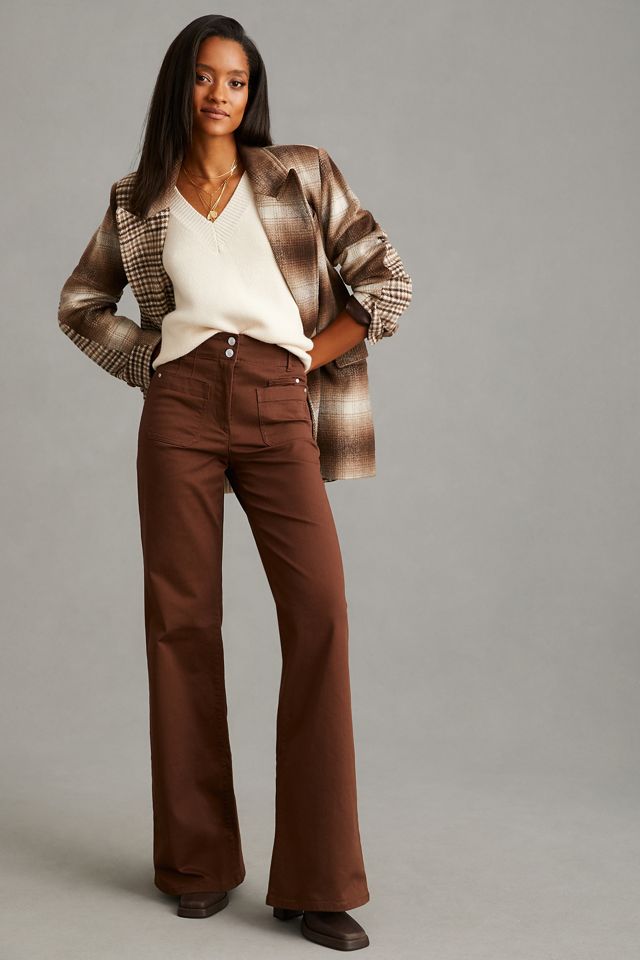 Brown Bootcut Pants - High Waisted Flare Trousers