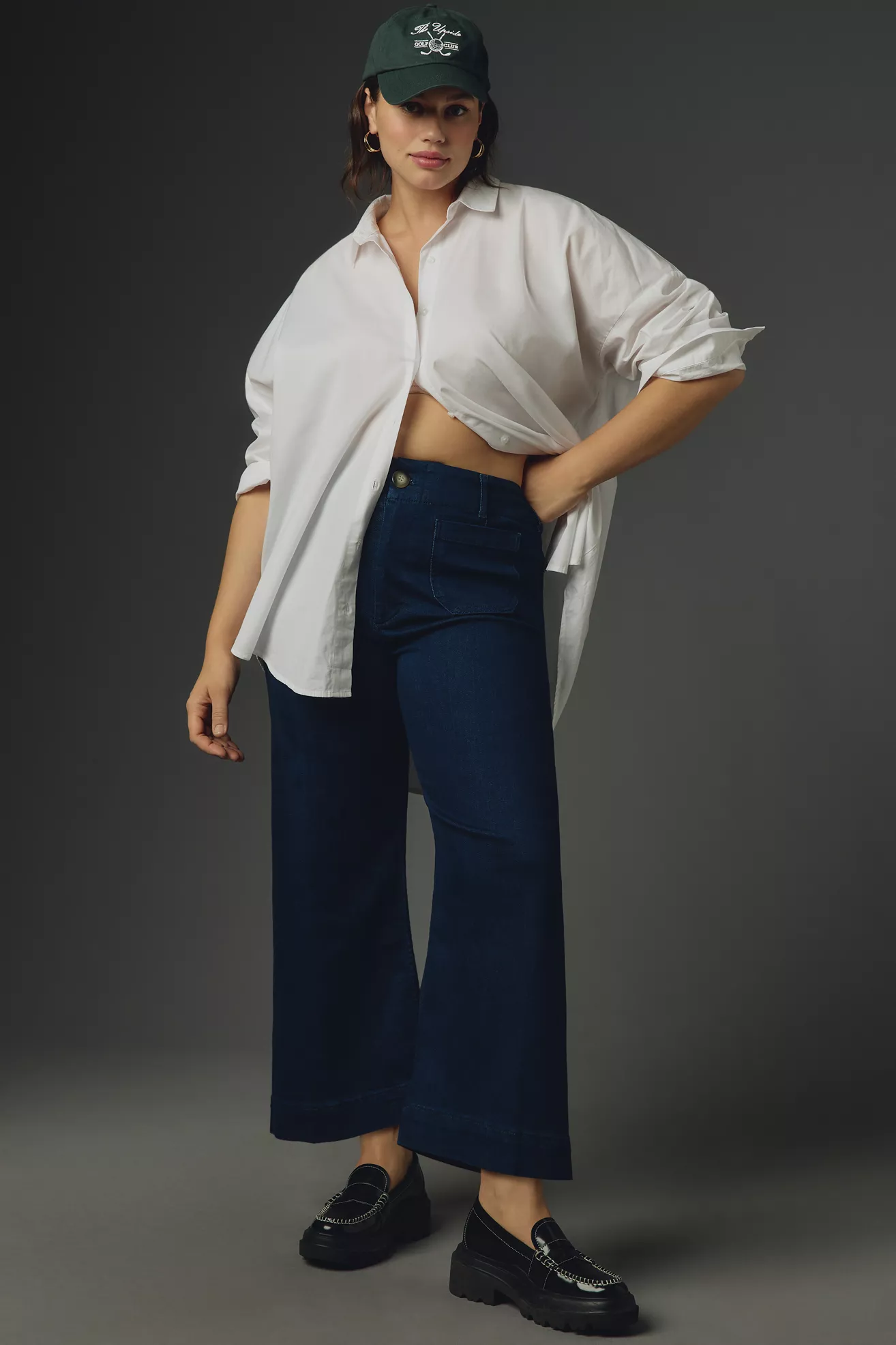 Plus-size, high-rise, dark-wash, wide-leg crop jeans