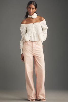 Shop Pilcro Flocked A-line High-rise Wide-leg Jeans In Pink