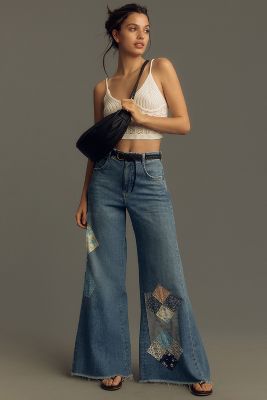 Shop Pilcro The Adi Mid-rise Frayed Relaxed Flare Jeans By : Patchwork Edition In Blue