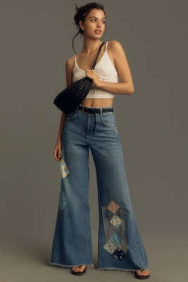 The Adi Patchwork Mid-Rise Frayed Relaxed Flare Jeans by Pilcro 