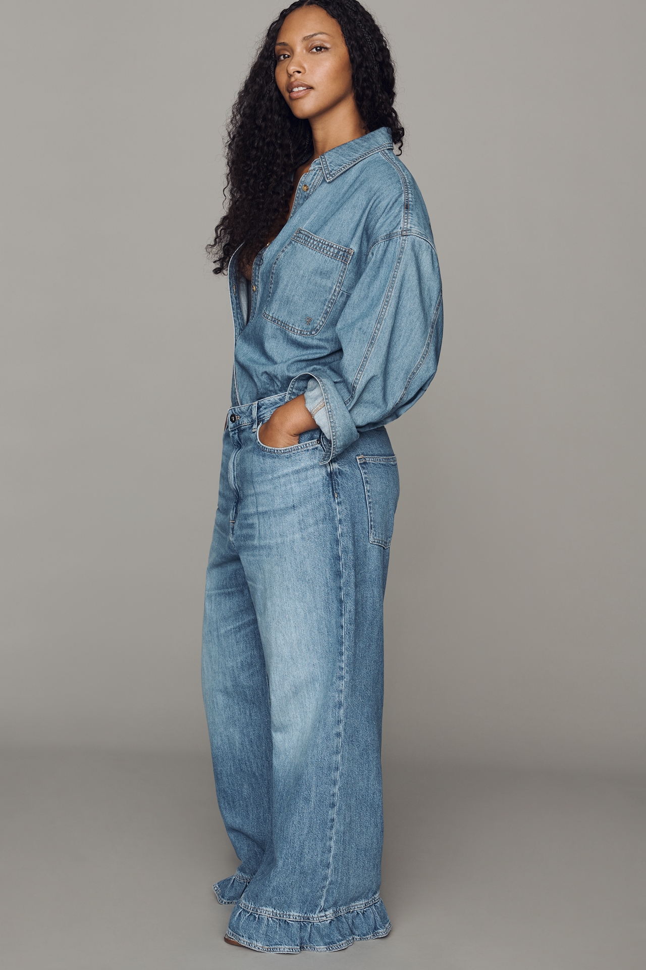 Solene High-Rise Wide-Leg Ruffle Flare Jeans by Pilcro
