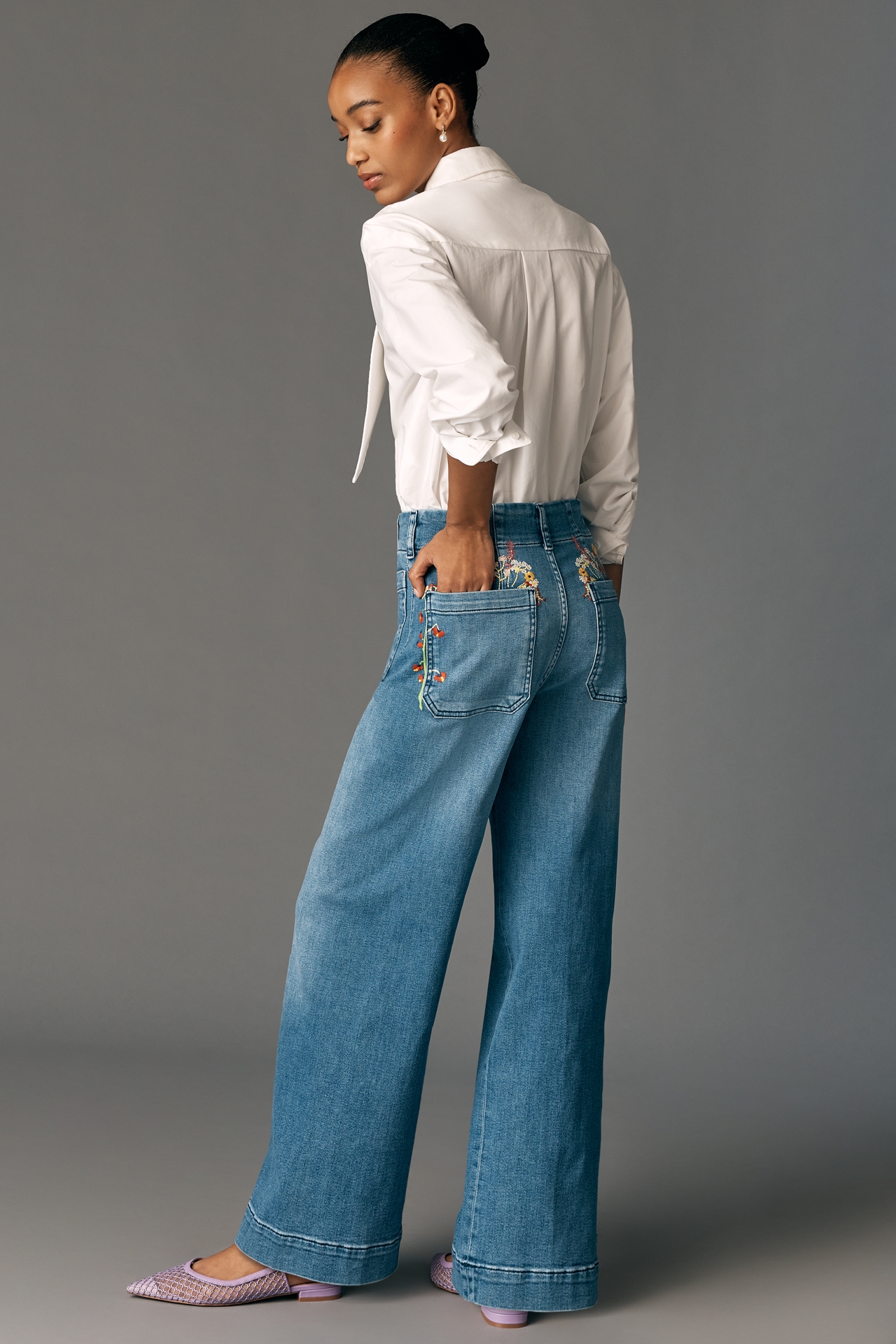 The Colette Full-Length Wide-Leg Embroidered Jeans by Maeve